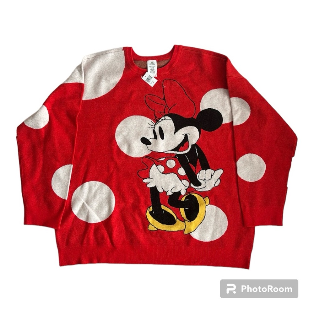 Disney Minnie Mouse Pullover Knit Red Crew Sweater Large White Polka Dots 2X